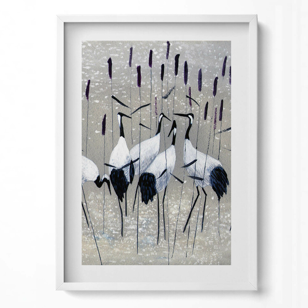 Obraz v rámu dekorativní Jeřábi v rákosí