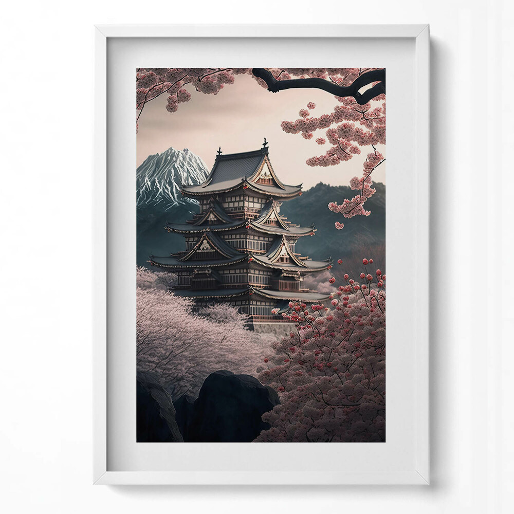 Obraz v rámu dekorativní Asijská věž a třešňové květy