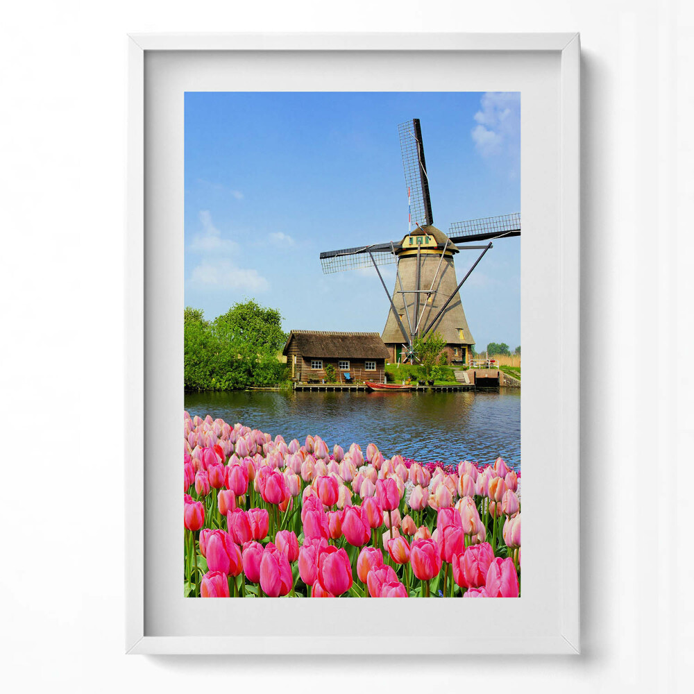 Obraz v rámu dekorativní Holandský větrný mlýn s květinami