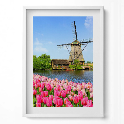 Obraz v rámu dekorativní Holandský větrný mlýn s květinami