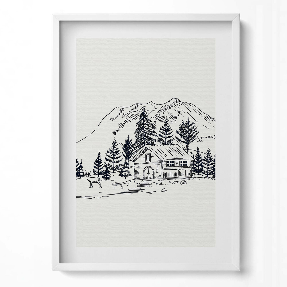 Obraz v rámu dekorativní Kresba chaty v horách