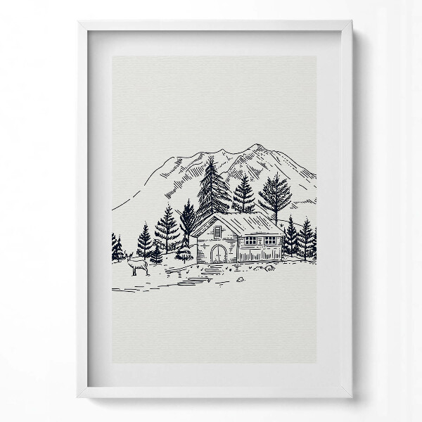 Obraz v rámu dekorativní Kresba chaty v horách