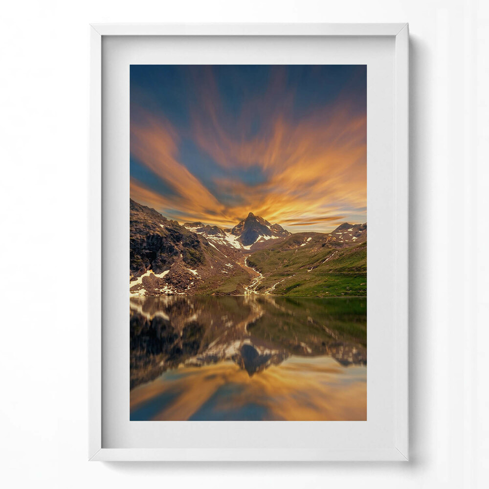 Obraz v rámu dekorativní Horské jezero a západ slunce