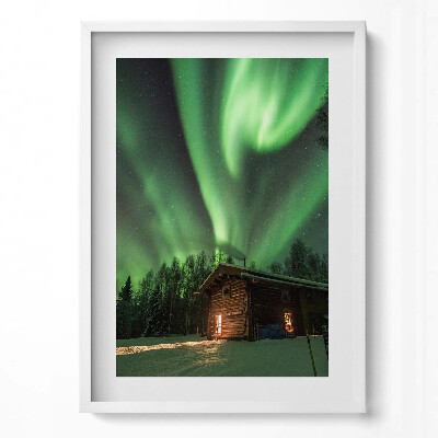 Obraz v rámu dekorativní Polární záře a dům v lese