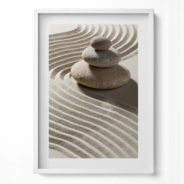 Obraz v rámu dekorativní Hromada kamenů na zenovém písku