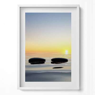 Obraz v rámu dekorativní Kameny na vodě při východu slunce - zen