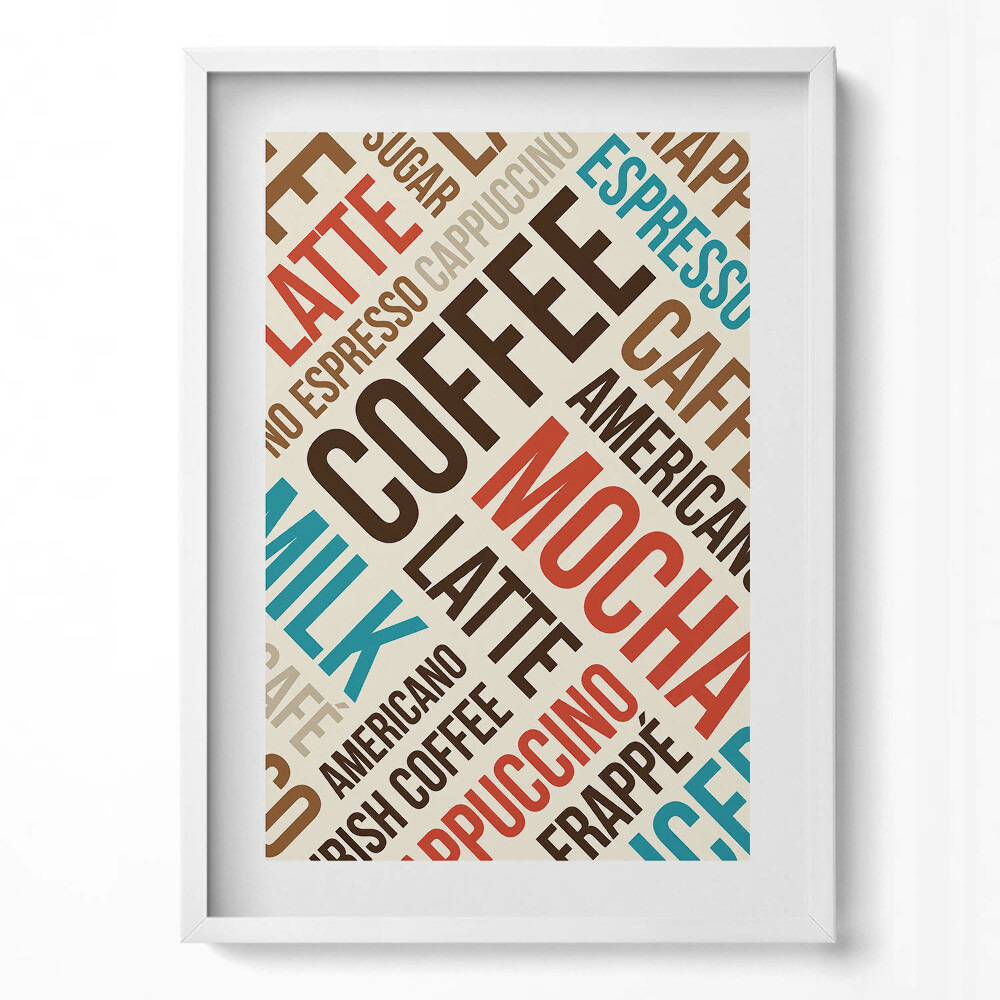 Obraz v rámu dekorativní Titulky do kuchyně - názvy kávy