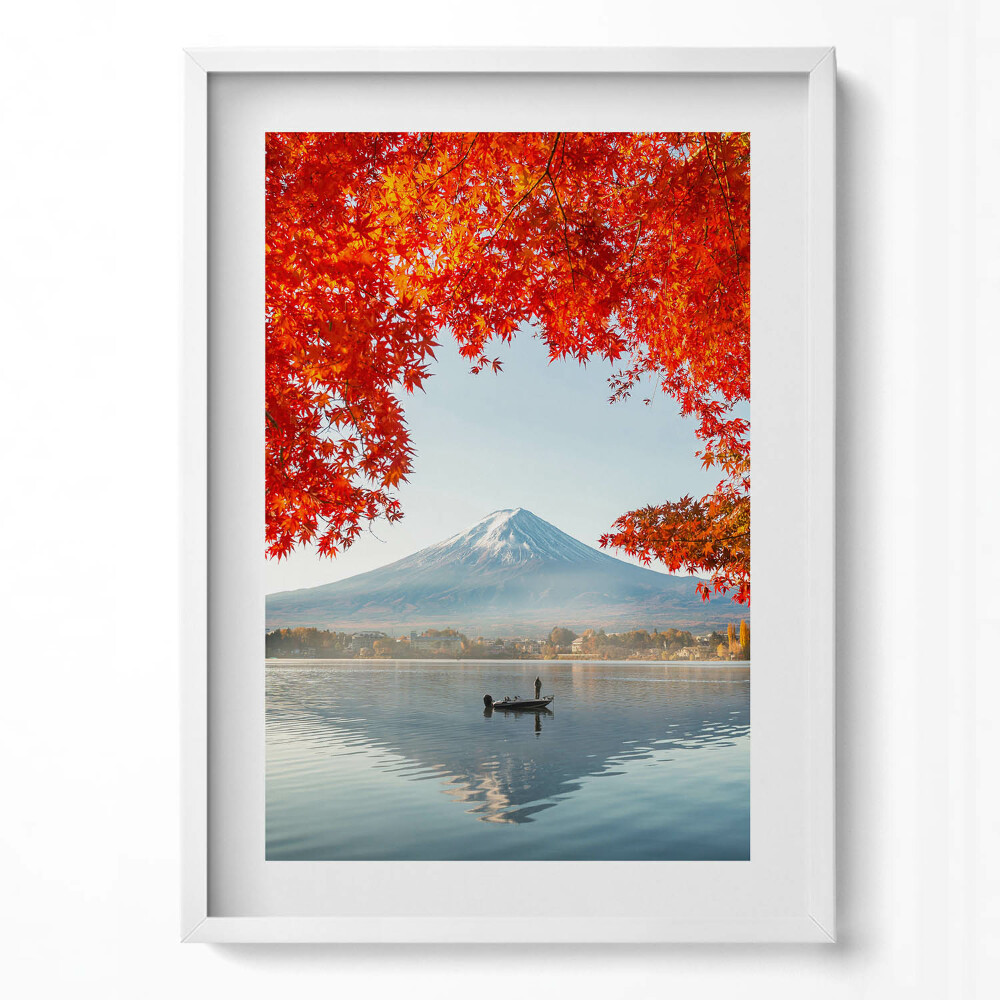 Obraz v rámu dekorativní Krajina hory Fuji pod červeným stromem