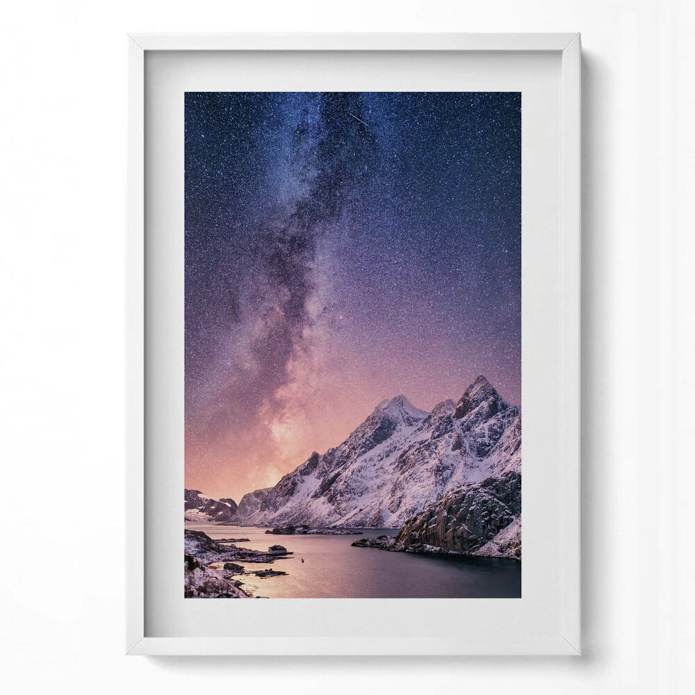 Obraz v rámu dekorativní Aurora a hvězdná obloha nad horami