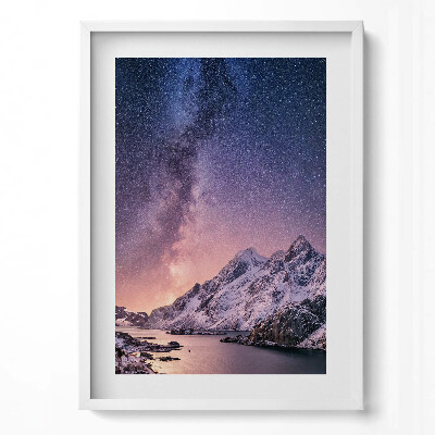 Obraz v rámu dekorativní Aurora a hvězdná obloha nad horami