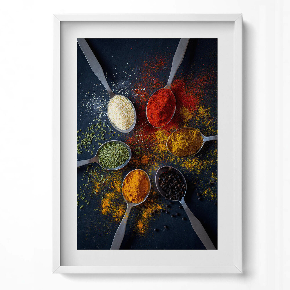 Obraz v rámu dekorativní Lžíce s barevným kořením do kuchyně