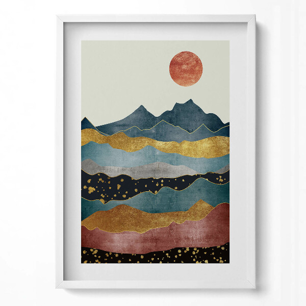 Obraz v rámu dekorativní Abstraktní krajina barevných hor a slunce