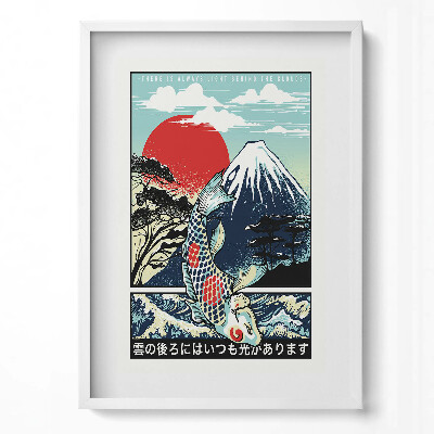 Obraz v rámu dekorativní Japonská ilustrace hory Fuji a ryb Koi