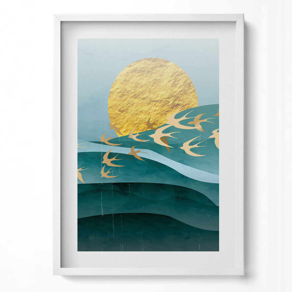 Obraz v rámu dekorativní Ilustrace zlatých ptáků na obloze