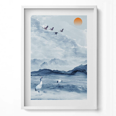 Obraz v rámu dekorativní Malovaná krajina jezera a jeřábů