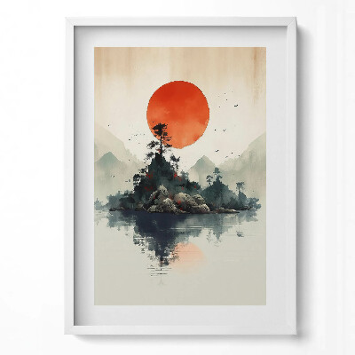 Obraz v rámu dekorativní Japonská ilustrace slunce nad skalami a stromy