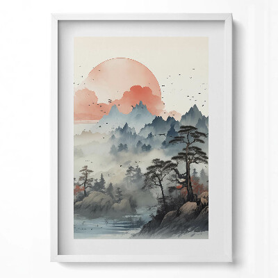 Obraz v rámu dekorativní Horská lesní krajina v japonském stylu