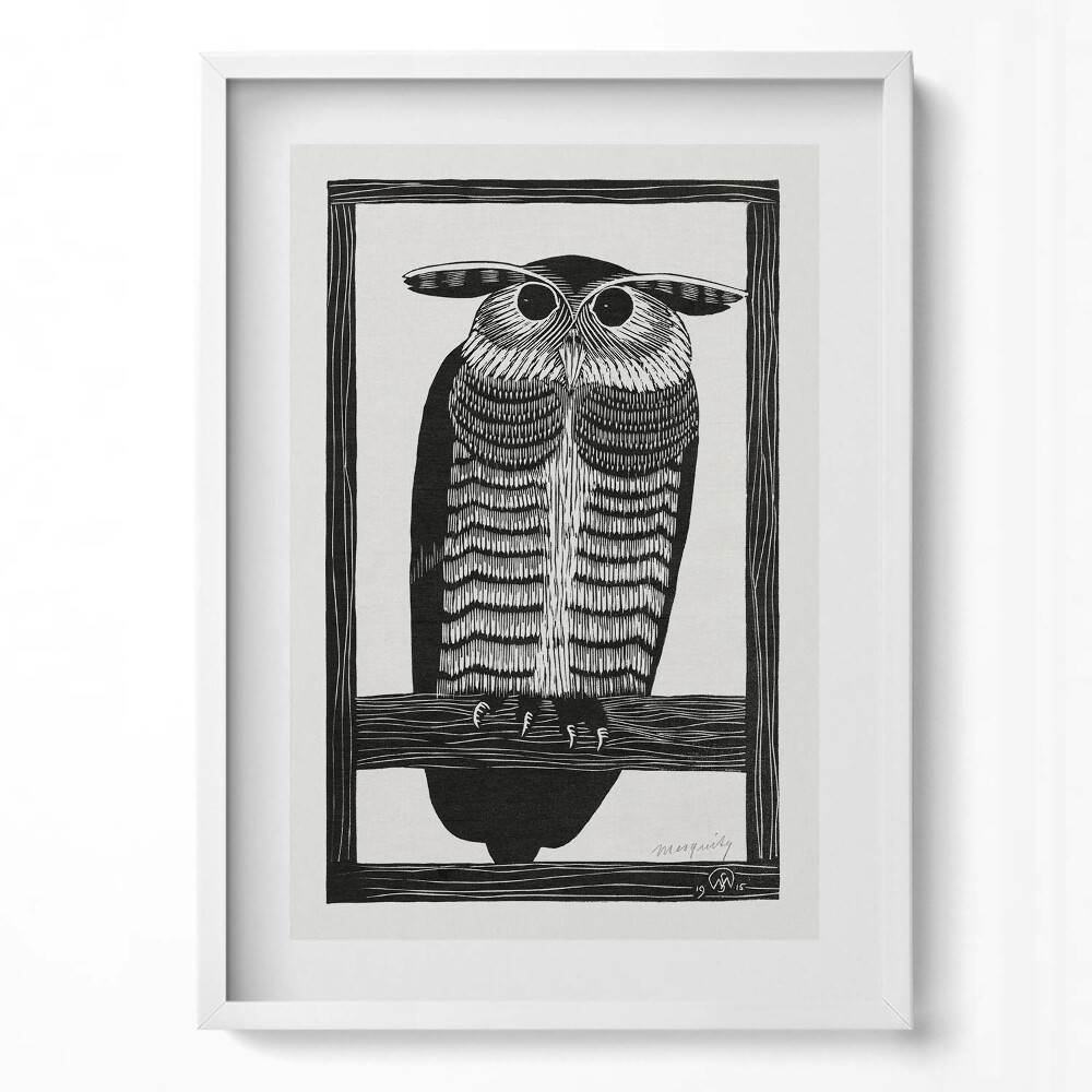 Obraz v rámu dekorativní Kresba sovy na větvi