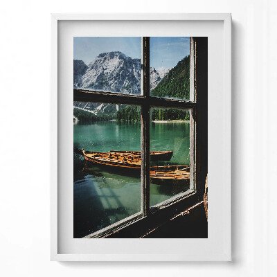 Obraz v rámu dekorativní Pohled z okna na jezero s lodí
