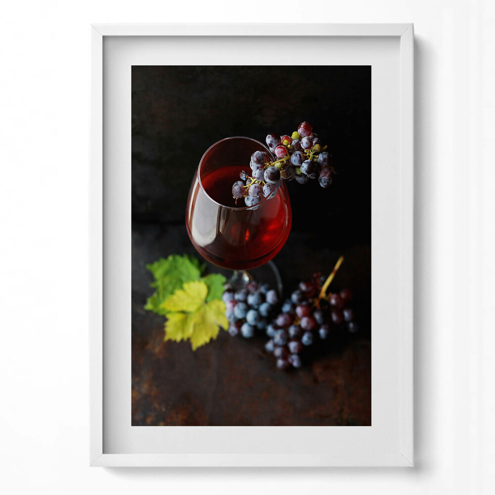 Obraz v rámu dekorativní Sklenka vína a hroznů