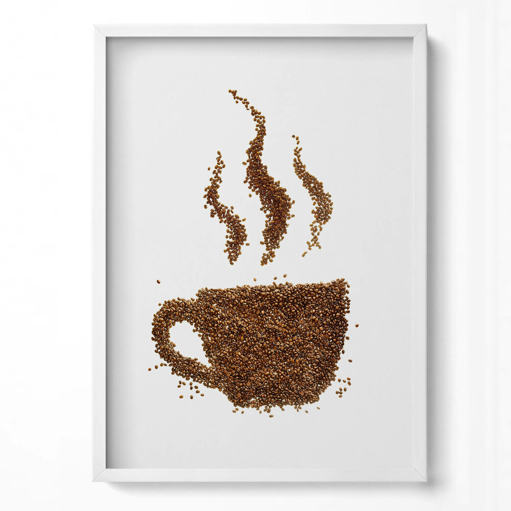 Obraz v rámu dekorativní Šálek kávy s fazolemi