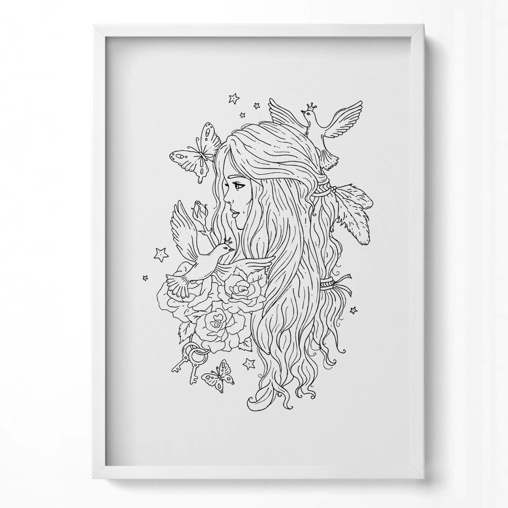 Obraz v rámu dekorativní Perokresby ilustrace dívky