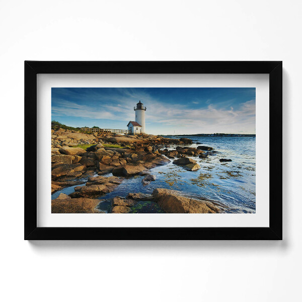 Obraz s rámem dekorativní Maják, skály a nebeská krajina