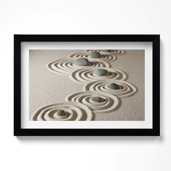 Obraz s rámem dekorativní Zen - kameny na pískových kruzích