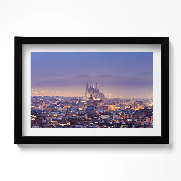 Obraz s rámem dekorativní Pohled na Barcelonu a Sagradu v noci