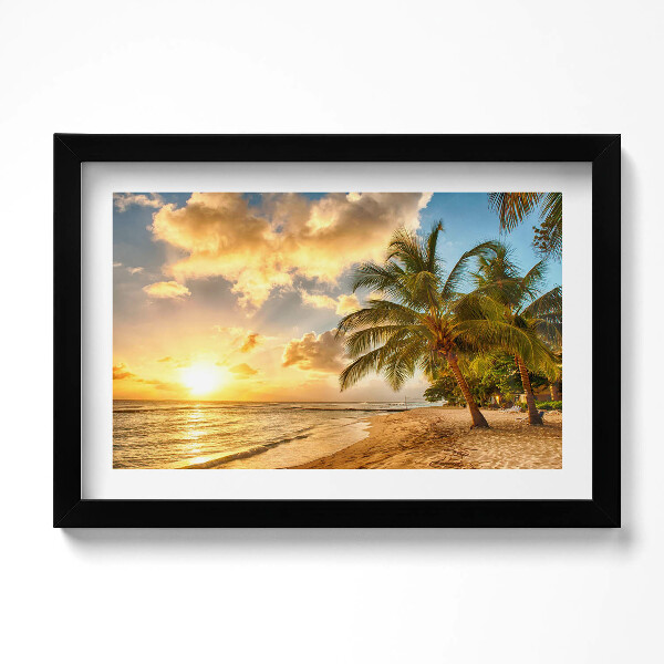 Obraz s rámem dekorativní Palmy pláž a moře při západu slunce