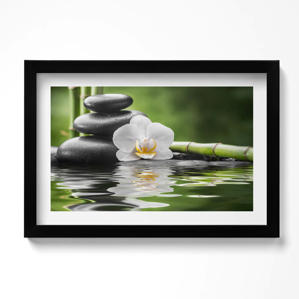 Obraz s rámem dekorativní Zen - bambusové kameny a květina na vodě