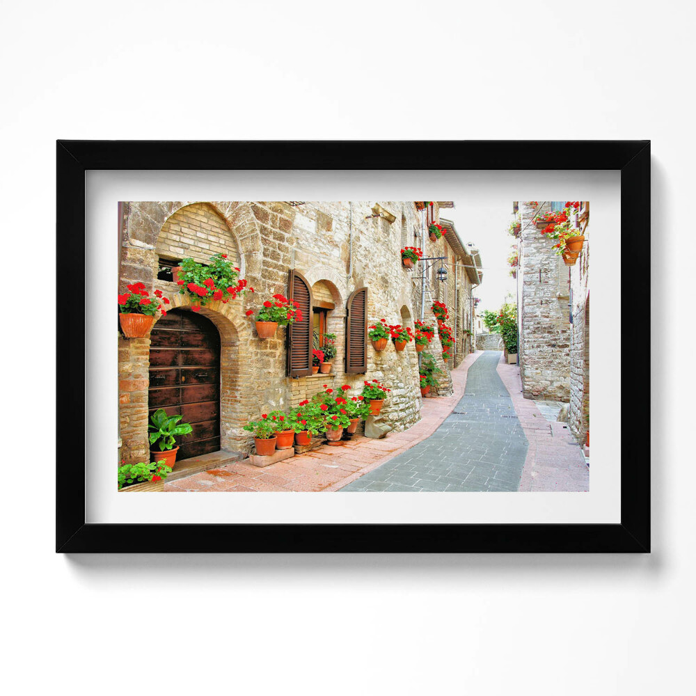 Obraz s rámem dekorativní Malebná ulice s květinami