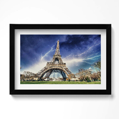 Obraz s rámem dekorativní Eiffelova věž, blesky a bouře