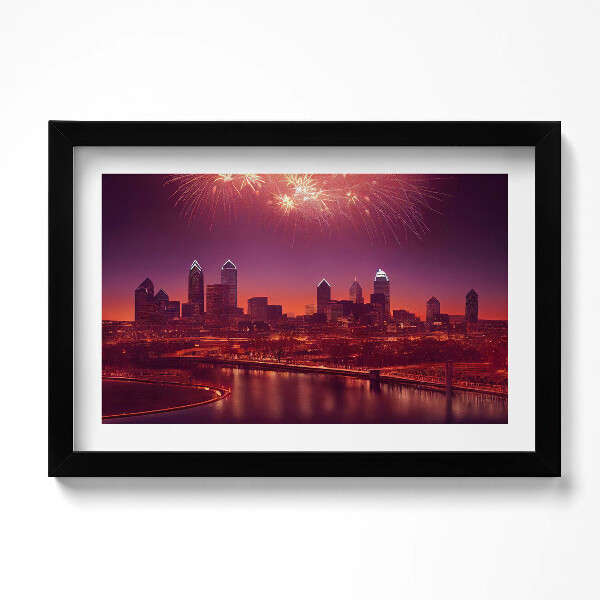 Obraz s rámem dekorativní Město v noci ohňostroj ve Philadelphii