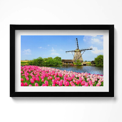 Obraz s rámem dekorativní Holandský větrný mlýn s květinami