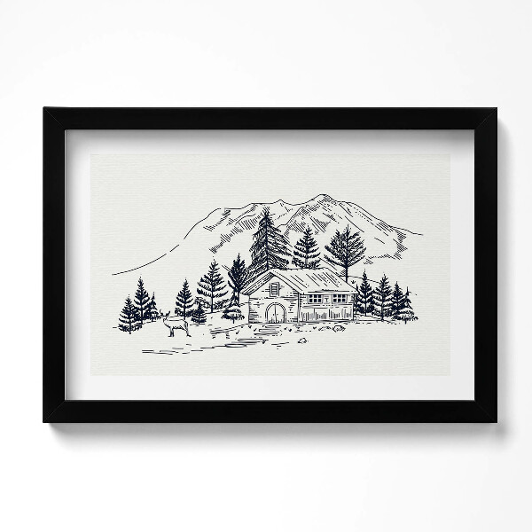 Obraz s rámem dekorativní Kresba chaty v horách