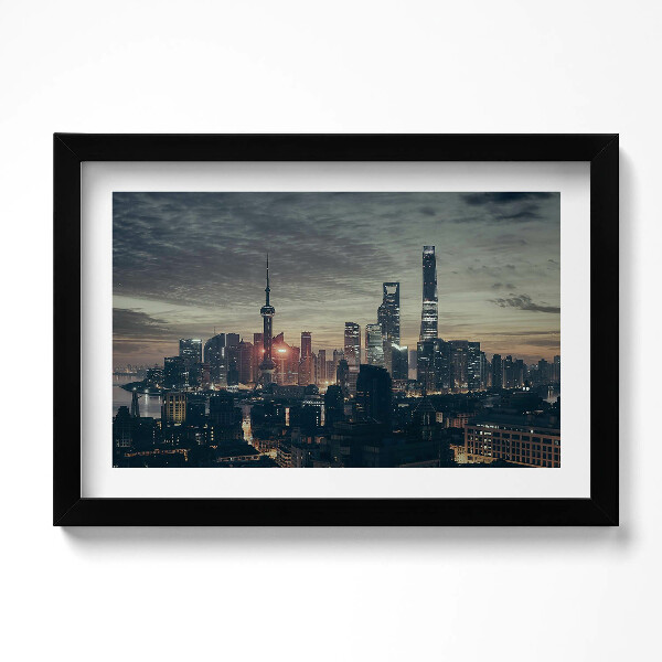 Obraz s rámem dekorativní Panorama Šanghaje v noci