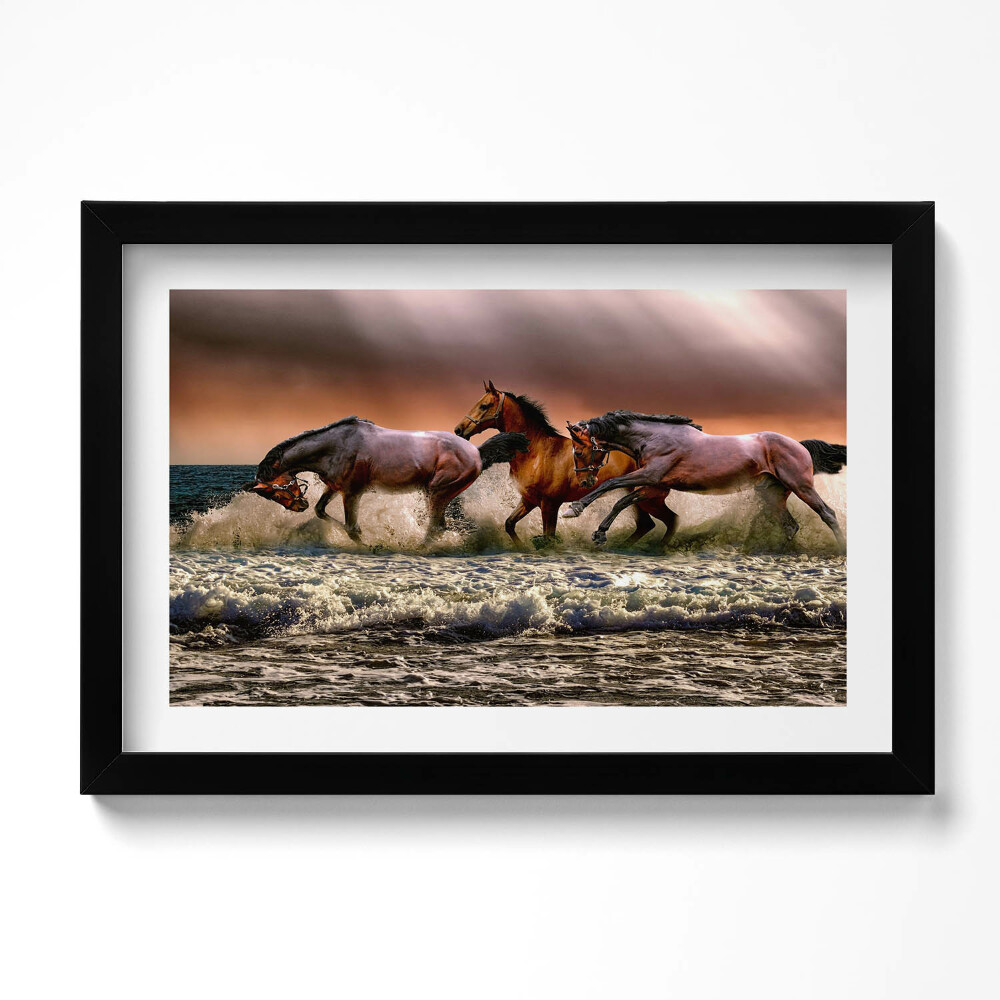 Obraz s rámem dekorativní Koně spěchající ve vodě