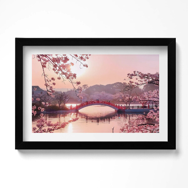 Obraz s rámem dekorativní Třešňové květy a most - japonský styl