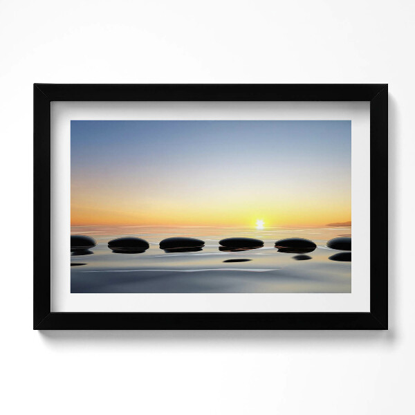 Obraz s rámem dekorativní Kameny na vodě při východu slunce - zen