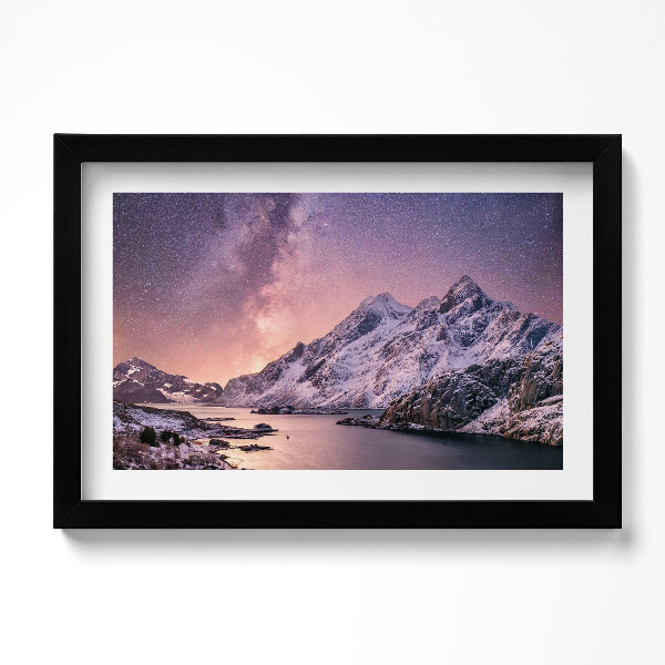 Obraz s rámem dekorativní Aurora a hvězdná obloha nad horami