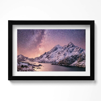 Obraz s rámem dekorativní Aurora a hvězdná obloha nad horami