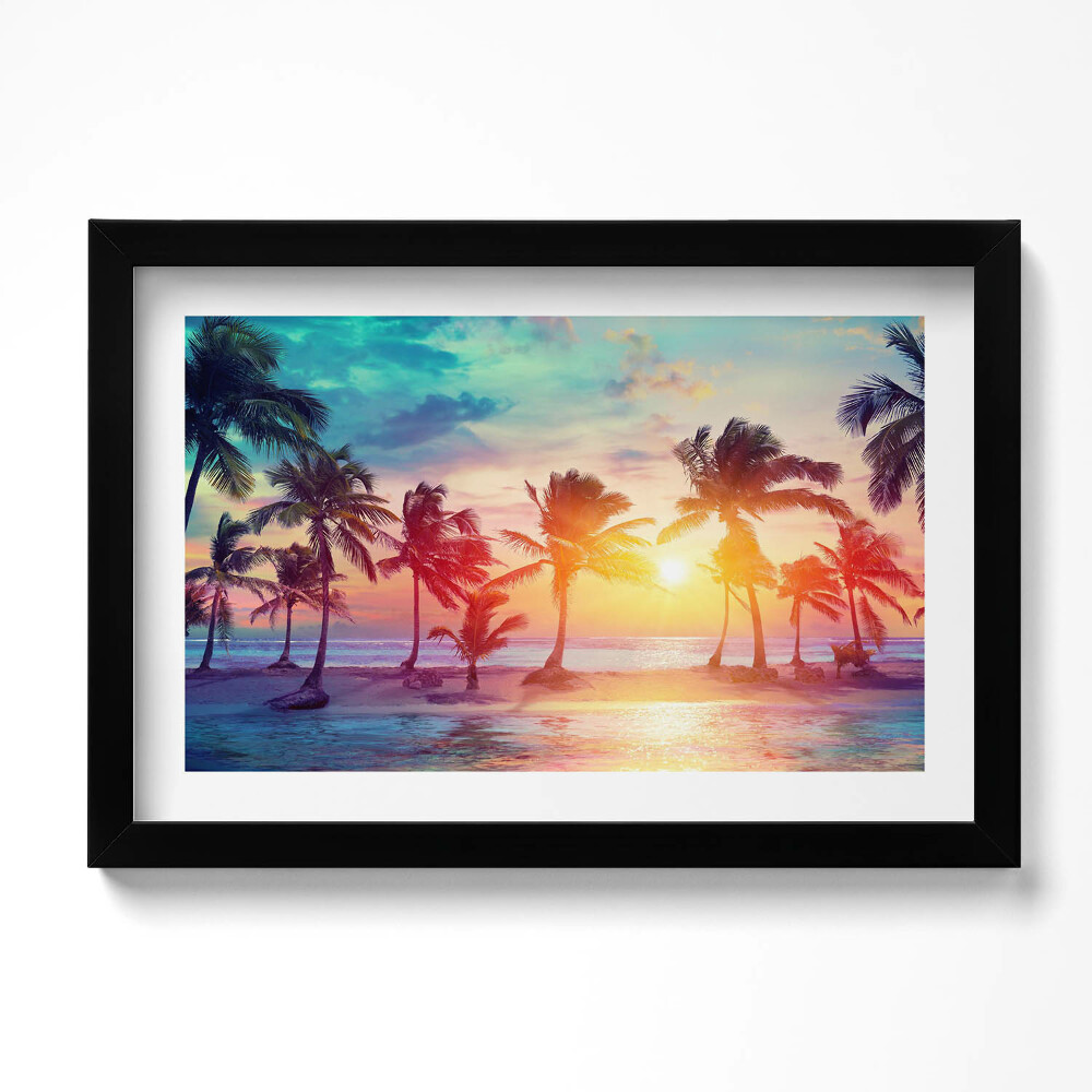 Obraz s rámem dekorativní Miami palmy při východu slunce