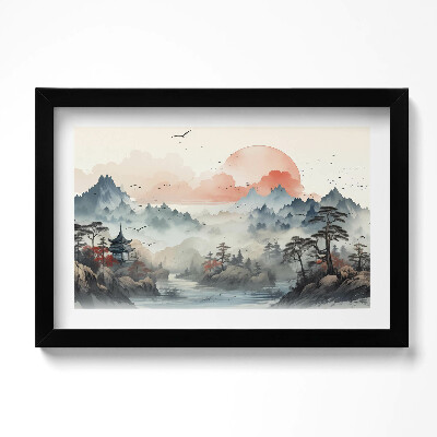 Obraz s rámem dekorativní Horská lesní krajina v japonském stylu