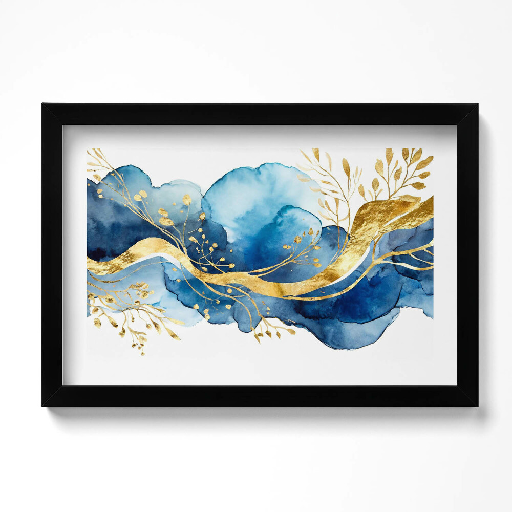 Obraz s rámem dekorativní Abstrakce zlatých rostlin na modrém pozadí
