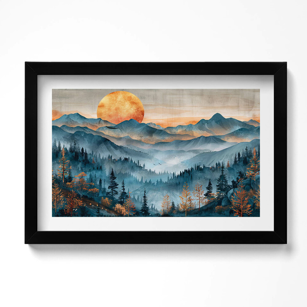 Obraz s rámem dekorativní Abstraktní krajina slunce nad horami a lesy