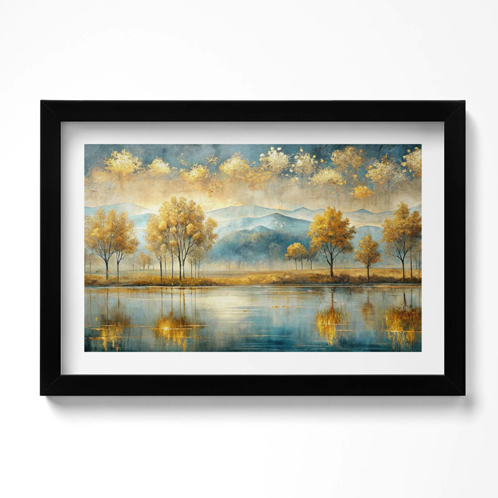 Obraz s rámem dekorativní Abstraktní krajina zlatých stromů u jezera