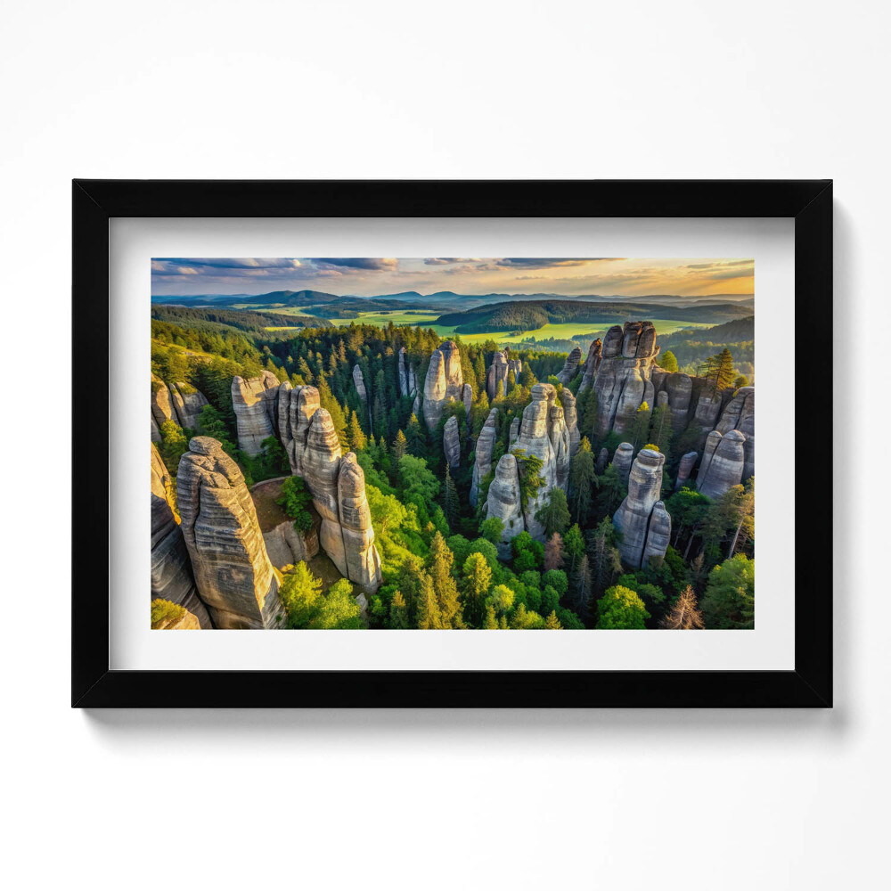 Obraz s rámem dekorativní Pohled z ptačí perspektivy na zvláštní hory a lesy