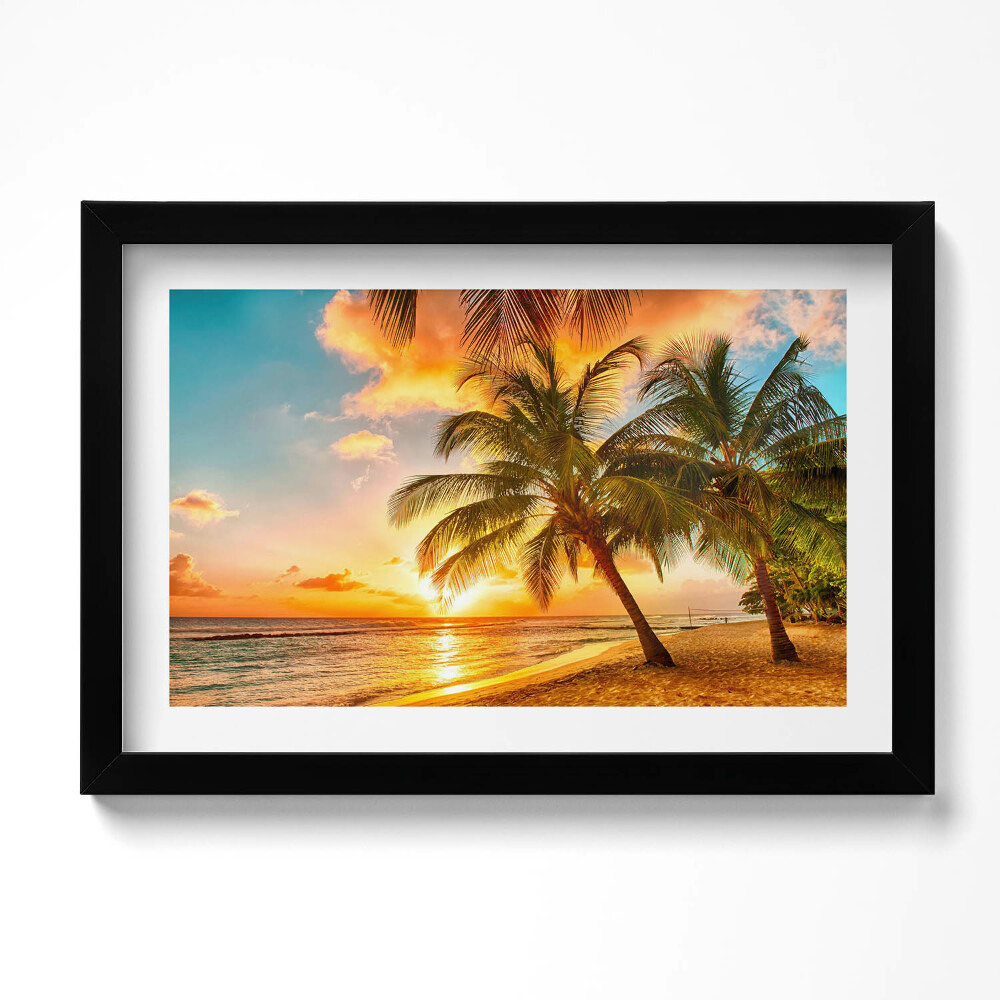 Obraz s rámem dekorativní Palma na pláži při západu slunce