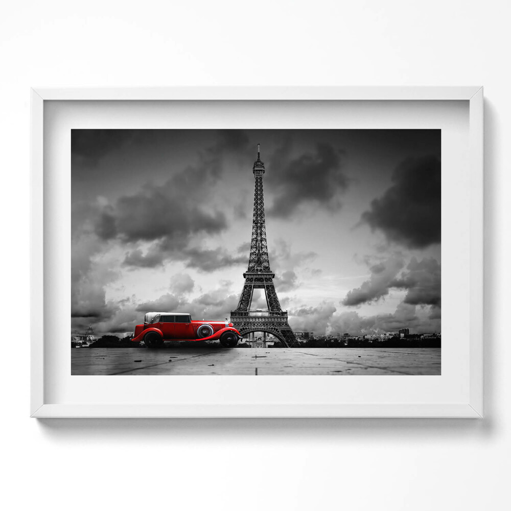Obraz v rámu moderní Eiffelova věž a červené auto